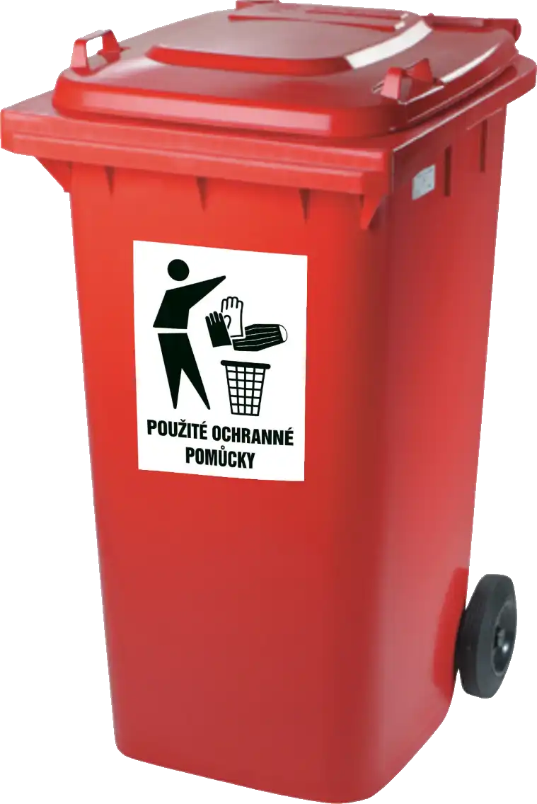 Červená sběrná nádoba s označením „Použité ochranné pomůcky“