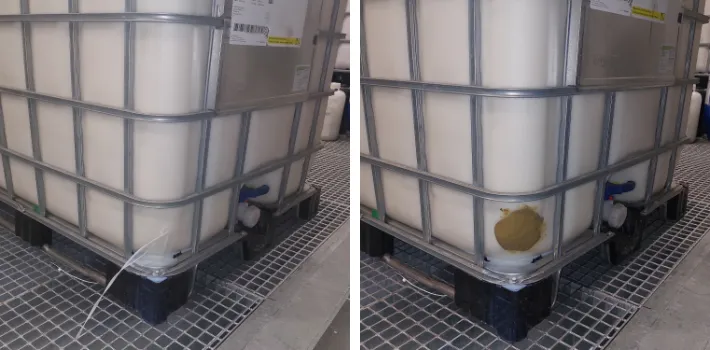 Proražený a utěsněný IBC kontejner