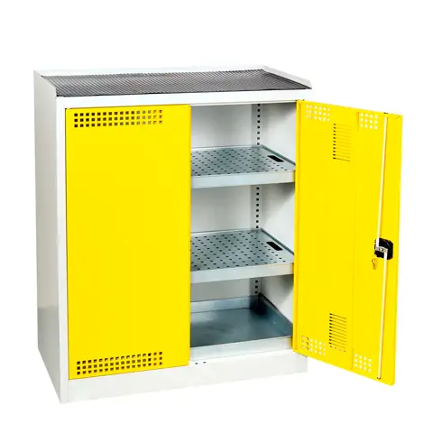 Ekonomická uzamykatelná skříň malá pro chemikálie, skříň: šedá - RAL 7035, dveře: žlutá - RAL 1023